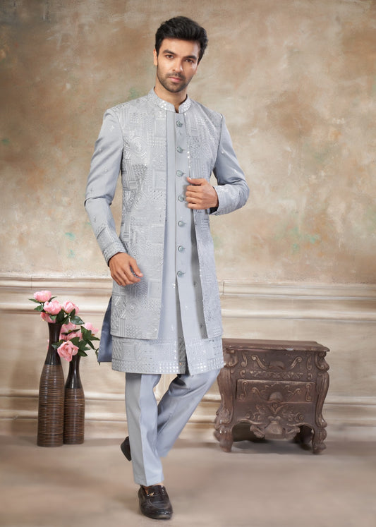 Ensemble Sherwani Homme Gris Clair avec Broderies et Sequins COLLECTION DHIMAN