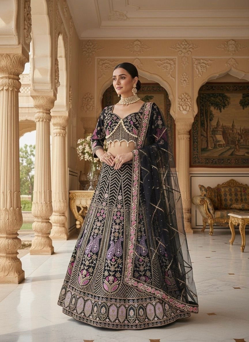 Lehenga broderies et sequins noir Inspiration Designer COLLECTION ANYAA
