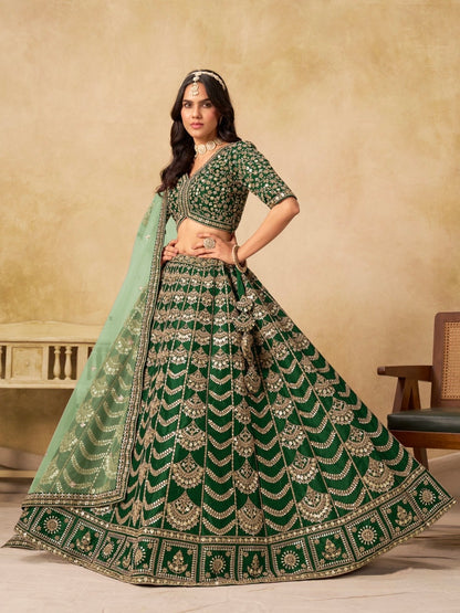 Lehenga vert foncé brillant de fête en soie artificielle travaillé COLLECTION AMALYA