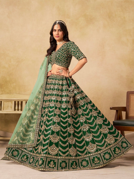 Lehenga vert foncé brillant de fête en soie artificielle travaillé COLLECTION AMALYA