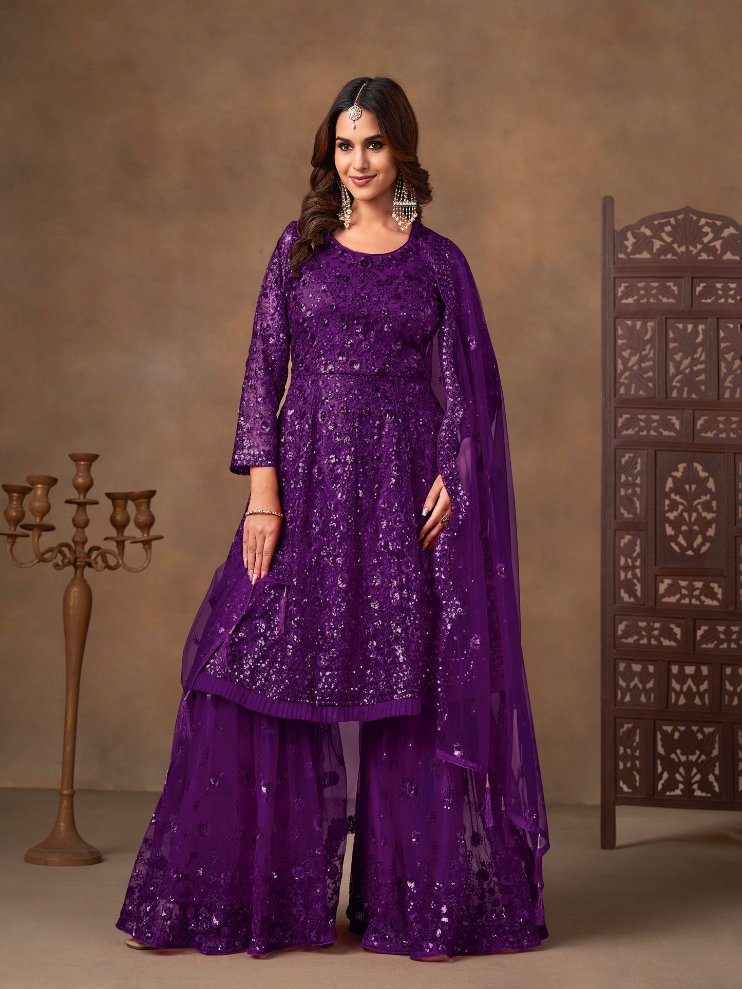Berry-purple red Sharara set with cord embroidery, sequins and riveted beads
