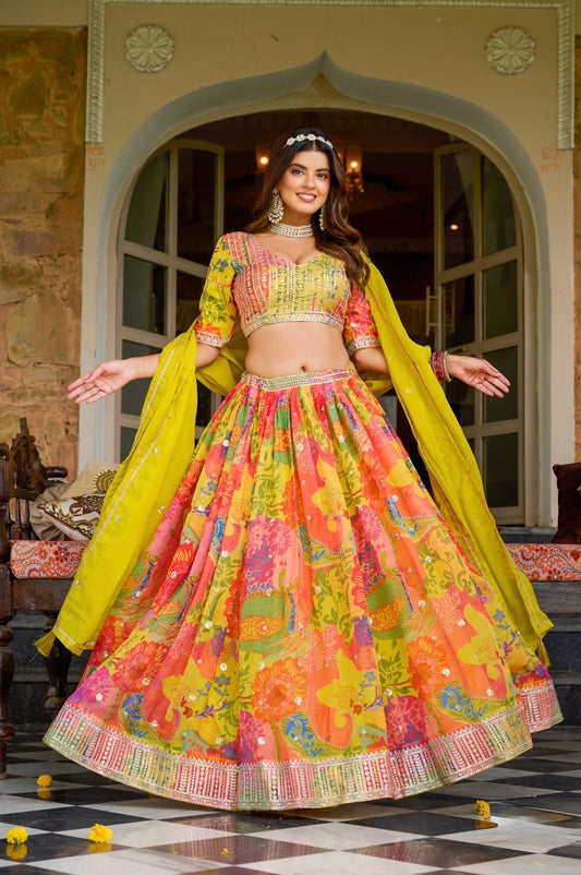 Lehenga jaune vif en soie tabby et organza avec imprimé de fleurs multicolores COLLECTION RHEANNA