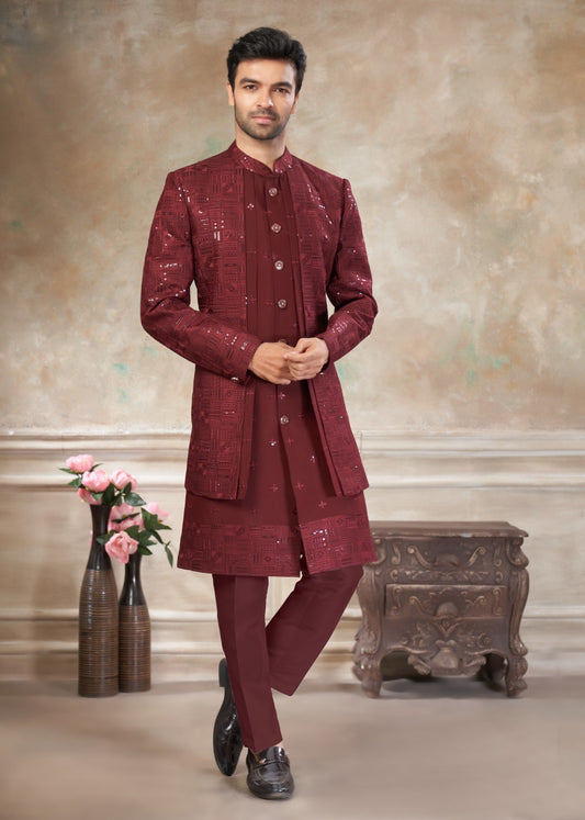 Ensemble Sherwani Homme Rouge Bordeaux avec Broderies et Sequins COLLECTION DHIMAN