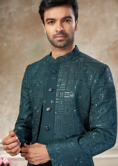 Ensemble Sherwani Homme Bleu Vert Riche avec Broderies et Sequins COLLECTION DHIMAN