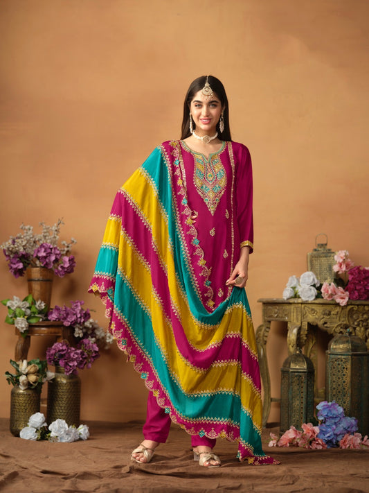 Salwar Pantalon rose foncé avec Dupatta multicolore assorti COLLECTION LOUNA