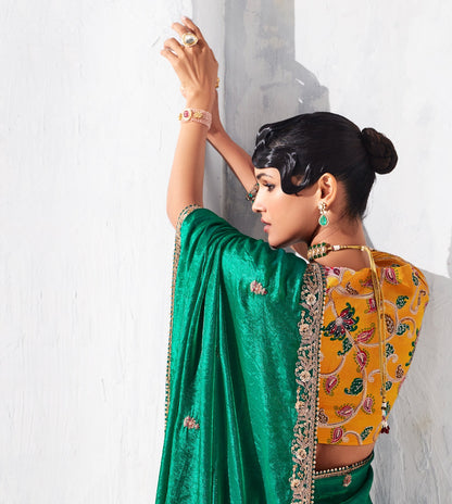 Sari vert émeraude glam organza fantaisie avec broderies COLLECTION LEYAA