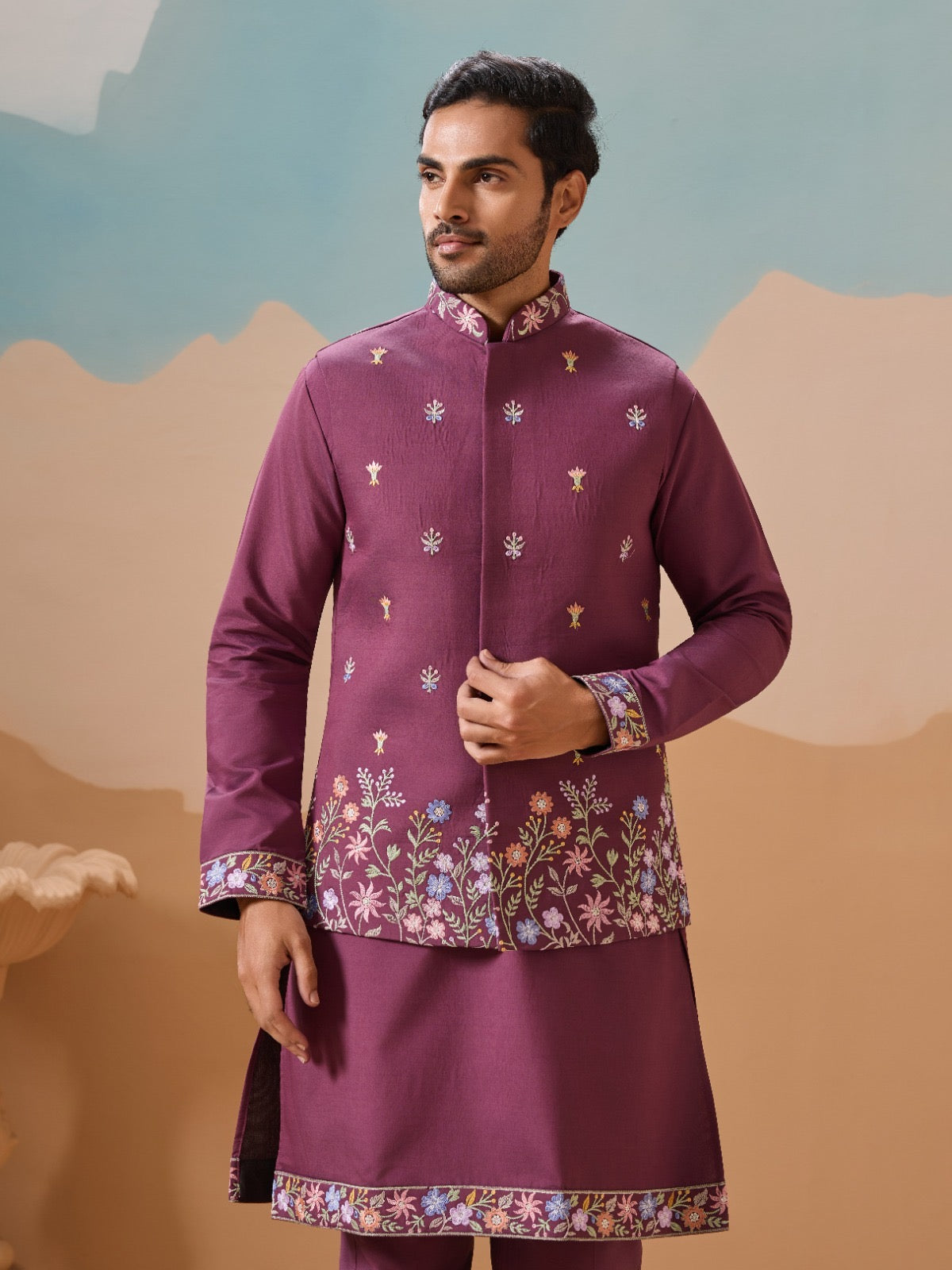 Ensemble Kurta Homme avec Veste Jacket violet foncé COLLECTION JEET
