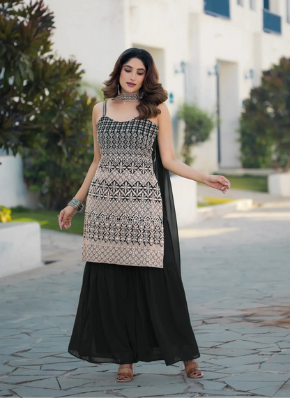 Salwar kameez noir en georgette avec broderie à sequins