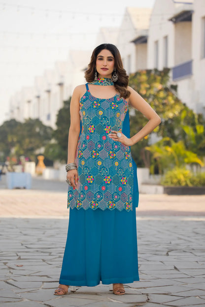 Ensemble Salwar Bleu en Chinon avec Broderie à Sequins