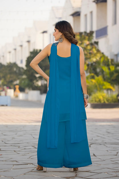 Ensemble Salwar Bleu en Chinon avec Broderie à Sequins