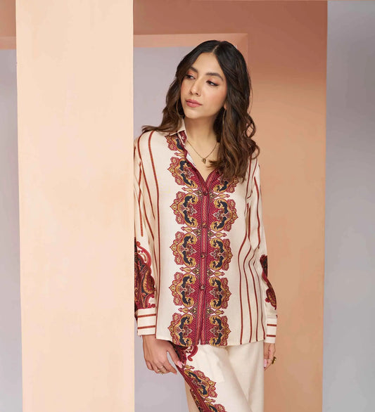 Cremefarbenes koordiniertes Set aus reinem bedrucktem Seidenchiffon
