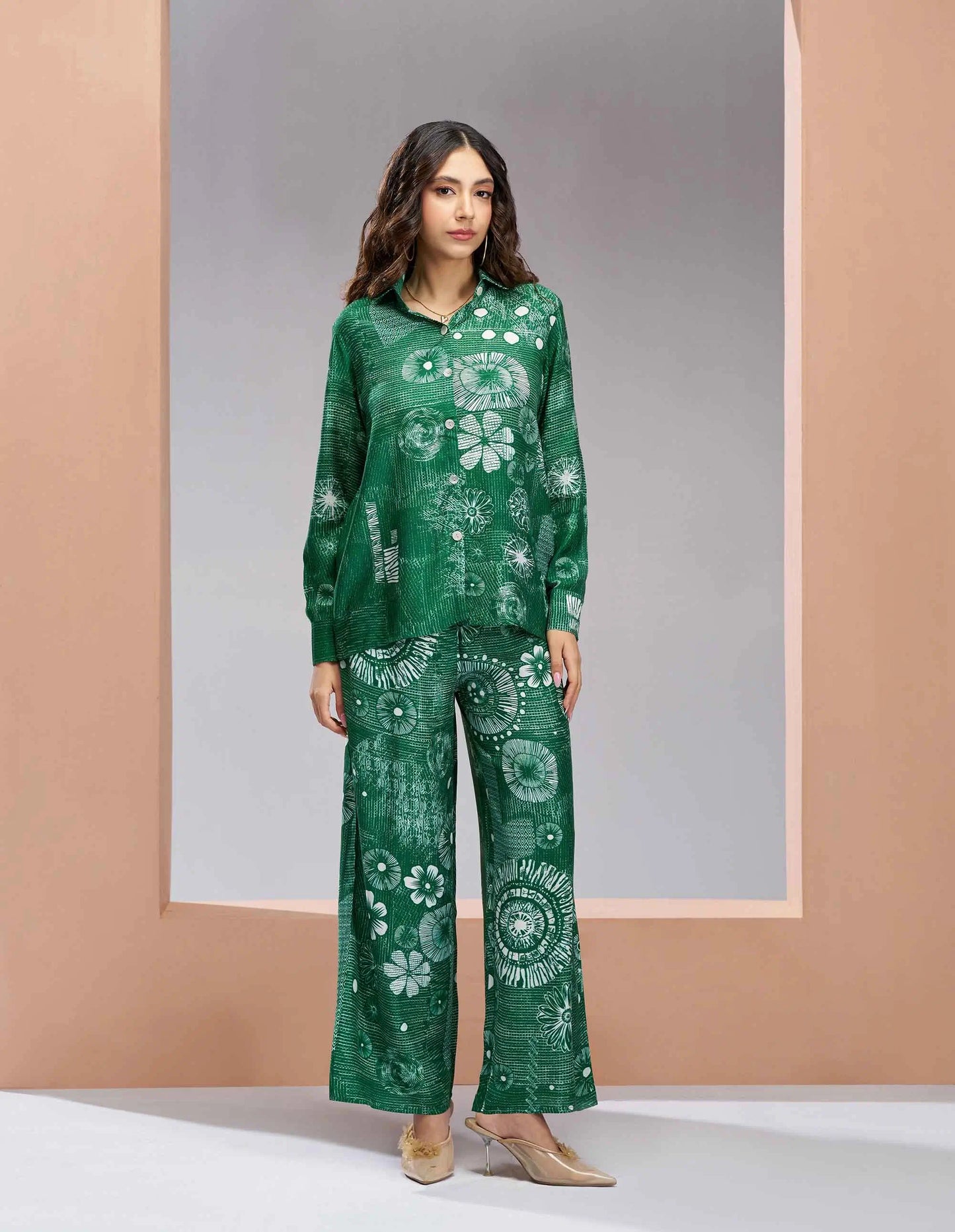 Dark Green Pure Muslin Silk Printed Coordinated Set