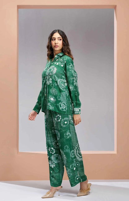 Dark Green Pure Muslin Silk Printed Coordinated Set
