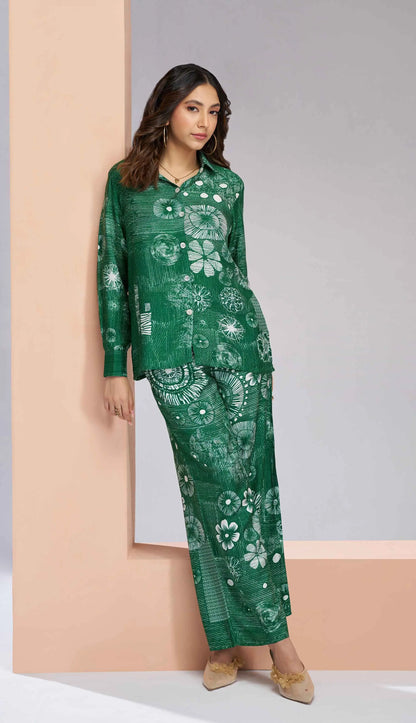 Dark Green Pure Muslin Silk Printed Coordinated Set
