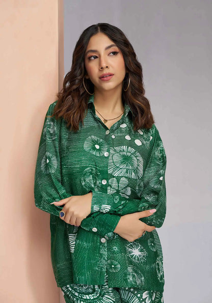 Dark Green Pure Muslin Silk Printed Coordinated Set