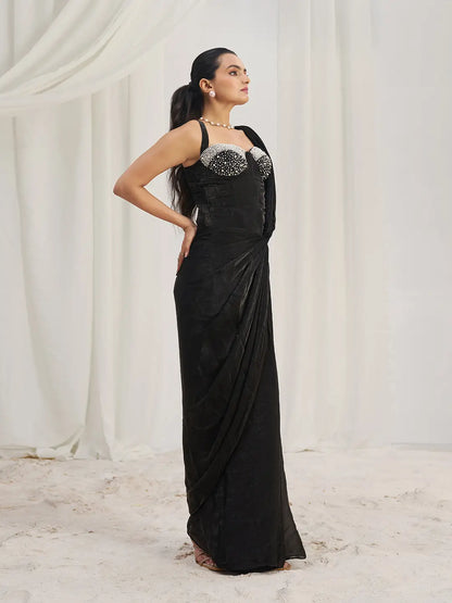 Sari de soirée noir glamour en organza avec travail fait main
