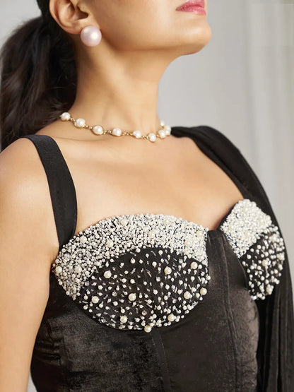Sari de soirée noir glamour en organza avec travail fait main