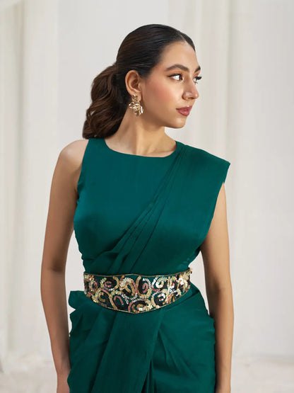 Sari de fête en organza vert émeraude avec travail à la main