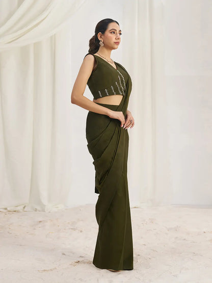 Sari de fête en organza vert olive avec travail à la main