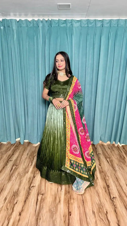 Lehenga Choli en Soie Chinon Vert Olive avec Broderie à Fil et Sequins