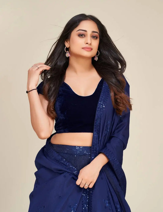 Lehenga Choli Bleu Foncé en Soie Tapeta – Broderie à Sequins