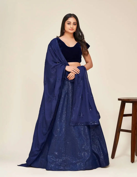Lehenga Choli Bleu Foncé en Soie Tapeta – Broderie à Sequins
