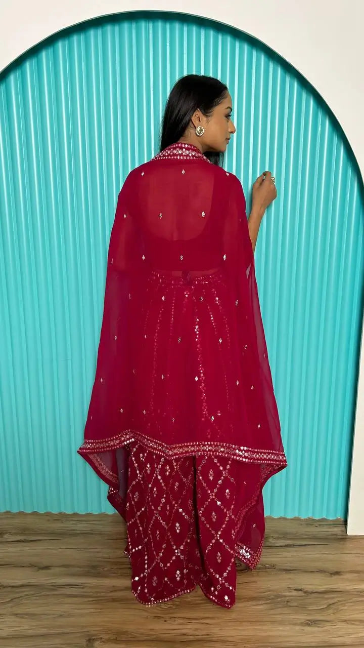 Ensemble palazzo rose en georgette avec broderie en fil et miroirs décoratifs