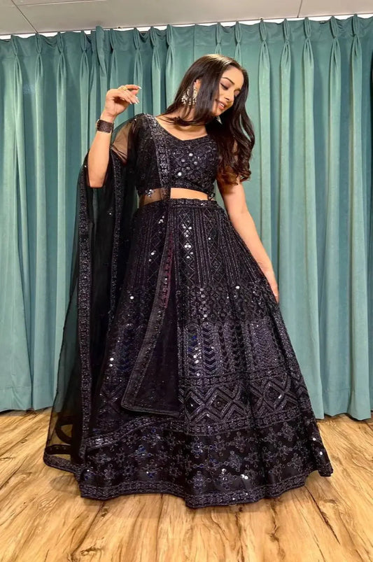 Lehenga Choli Noir en Tulle – Broderie Dori et Sequins