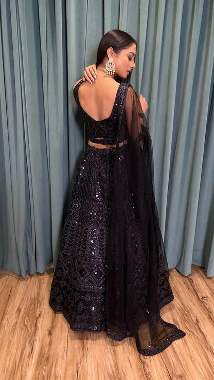 Lehenga Choli Noir en Tulle – Broderie Dori et Sequins