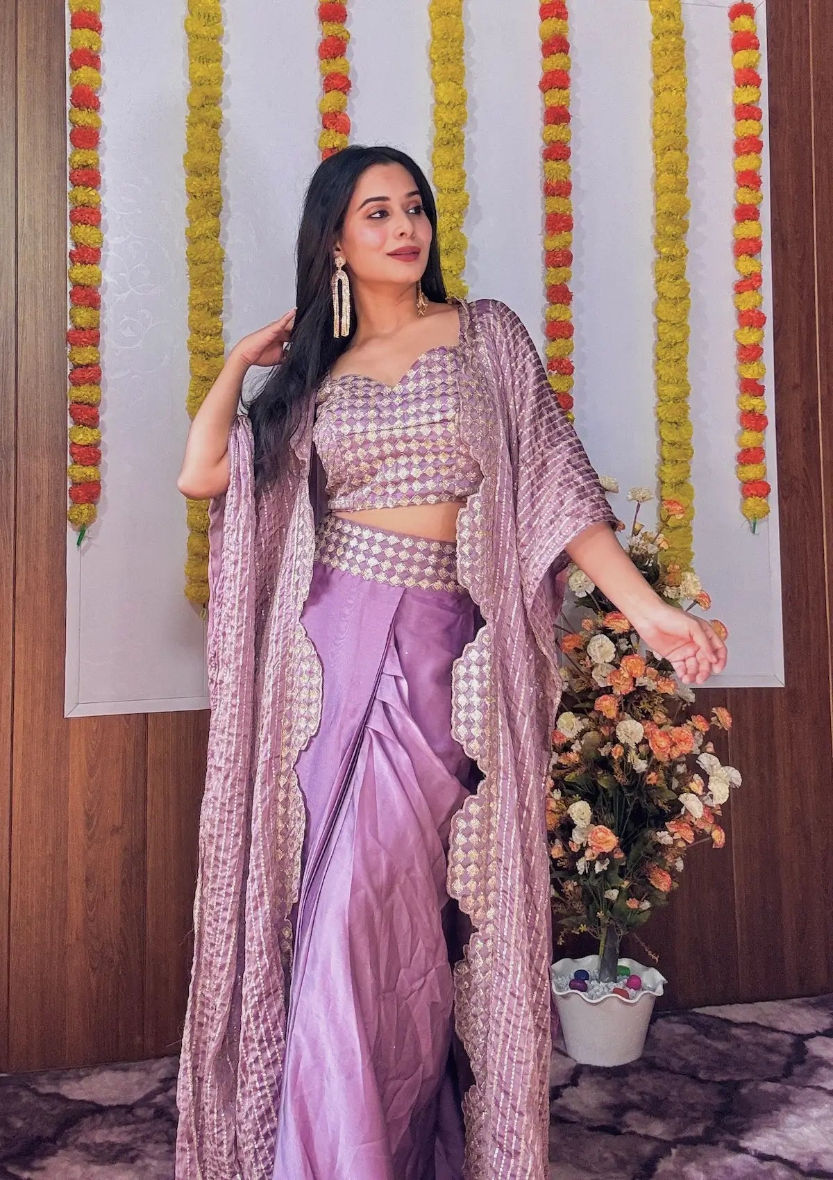 Lavender Kasturi Silk Indo-Western Ensemble with Sequin and Dori Work