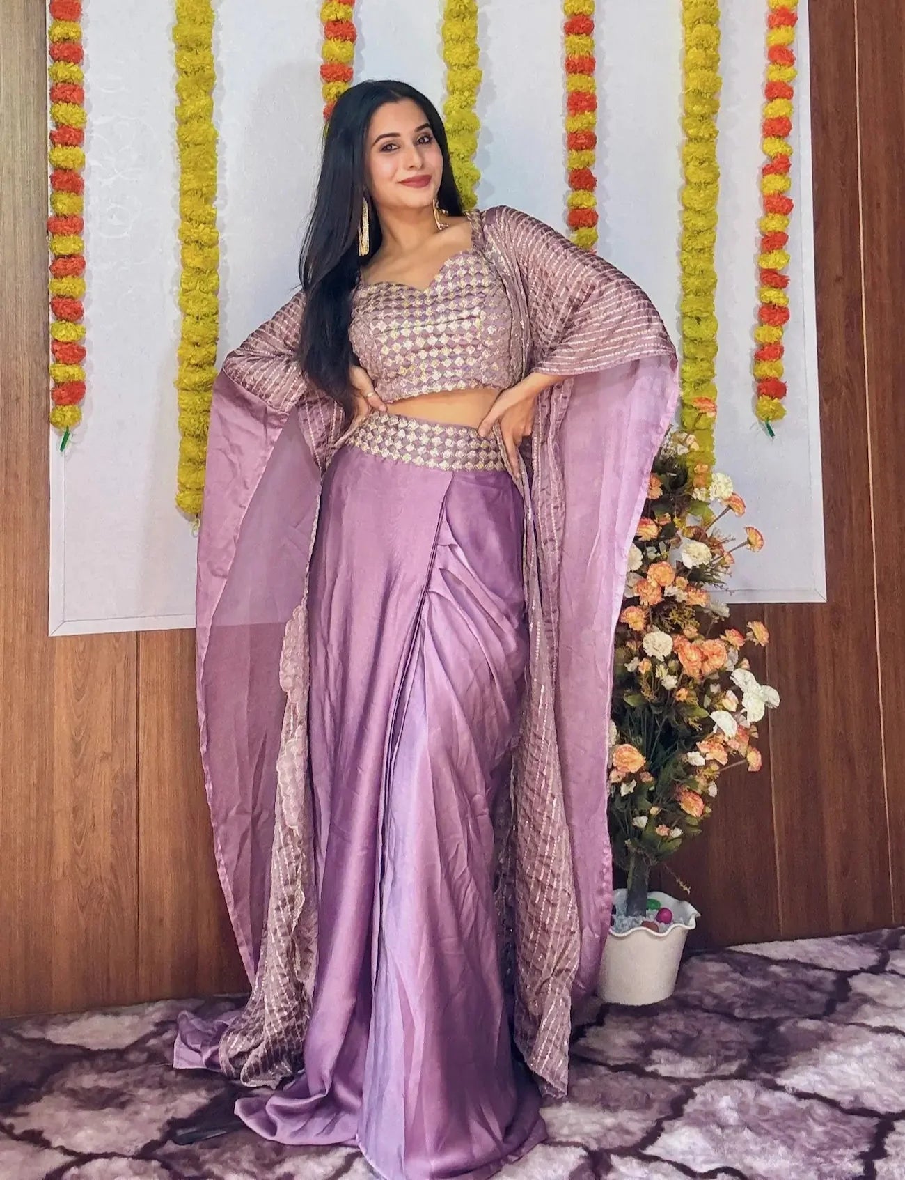 Lavender Kasturi Silk Indo-Western Ensemble with Sequin and Dori Work