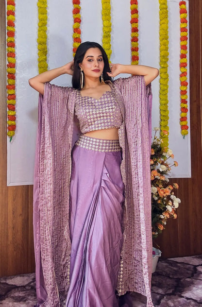 Lavender Kasturi Silk Indo-Western Ensemble with Sequin and Dori Work