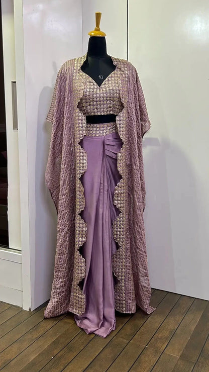 Lavender Kasturi Silk Indo-Western Ensemble with Sequin and Dori Work