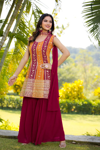 Ensemble Salwar Rose Fuchsia | Tenue Indienne Georgette | Broderies Sequins | Paillettes et Georgette