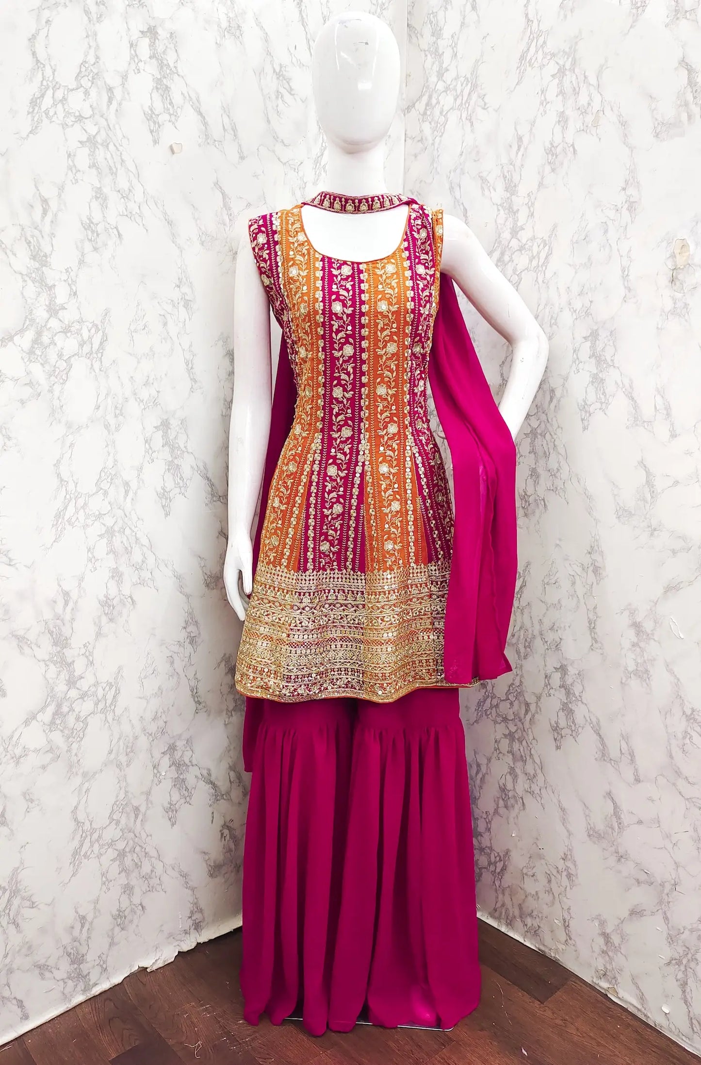 Ensemble Salwar Rose Fuchsia | Tenue Indienne Georgette | Broderies Sequins | Paillettes et Georgette