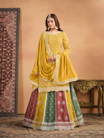 Ensemble lehenga choli jaune multicolore avec top long