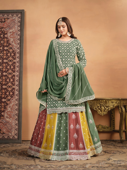 Ensemble lehenga choli vert multicolore avec top long