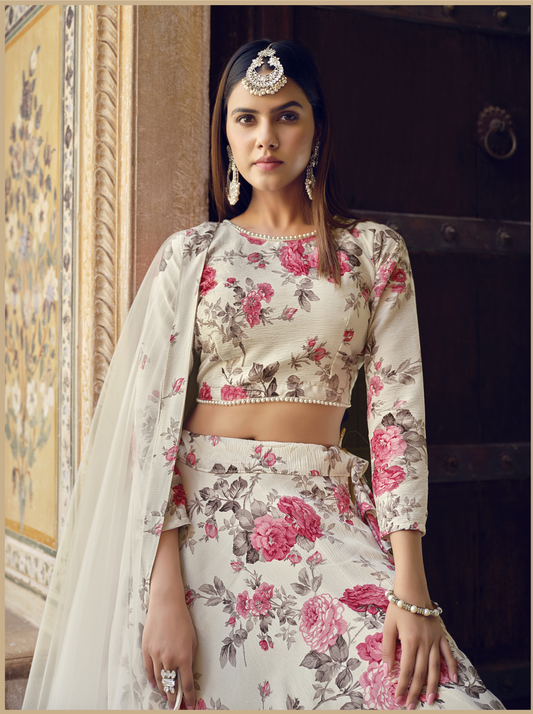 Rosa 3-teiliges Lehenga-Jacken-Set (Koti) mit Stickdetails