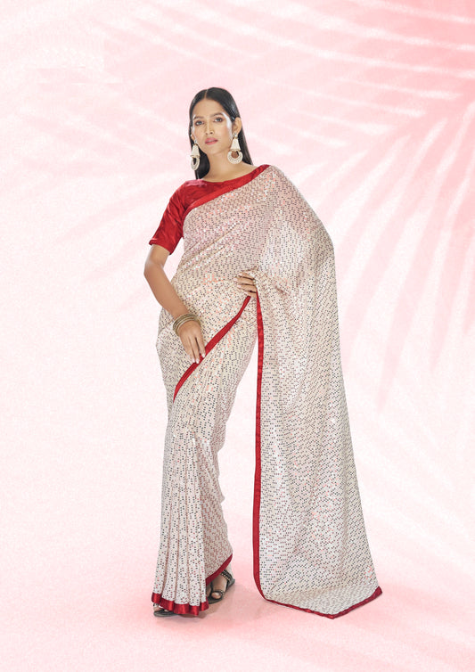 Rubinroter Georgette-Sari mit Fadenstickerei und mehreren Pailletten NAYA COLLECTION