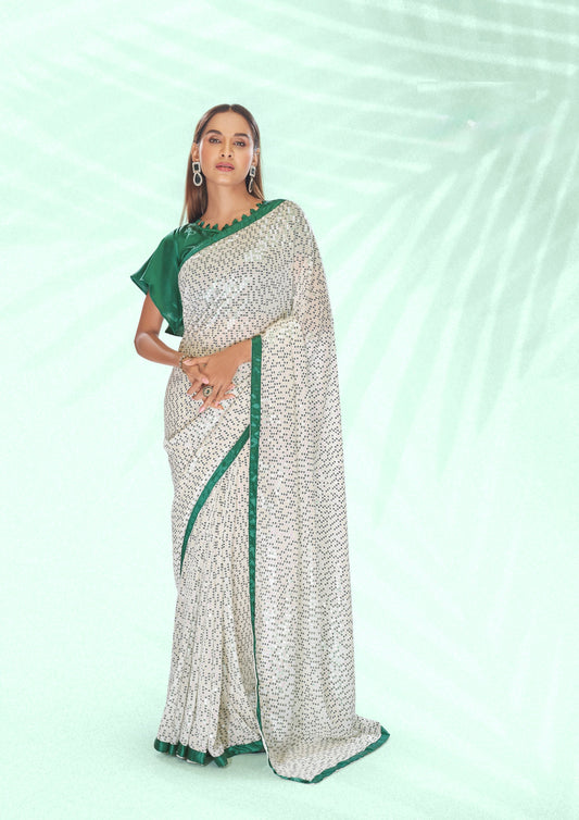 Rubinroter Georgette-Sari mit Fadenstickerei und mehreren Pailletten NAYA COLLECTION
