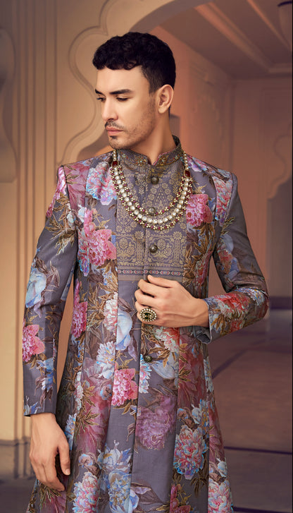 Eleganter rosa-grauer Braut-Lehenga mit Zarkan-Stickerei und Pailletten