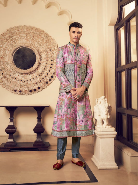 Eleganter rosa-grauer Braut-Lehenga mit Zarkan-Stickerei und Pailletten