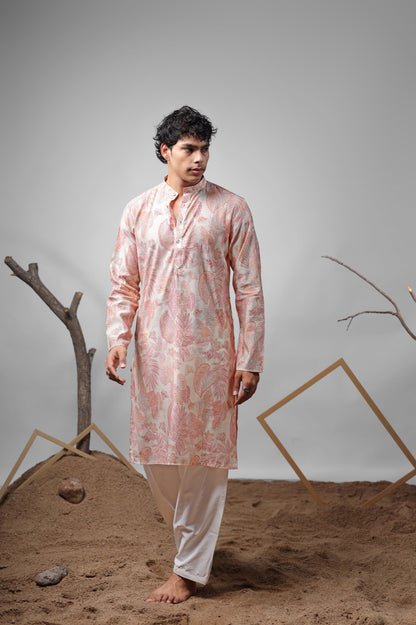 Ensemble Kurta Beige Imprimé Rose clair Design COLLECTION RAJ