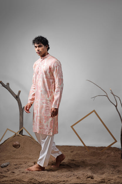 Ensemble Kurta Beige Imprimé Rose clair Design COLLECTION RAJ