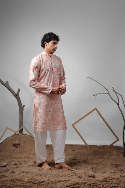 Ensemble Kurta Beige Imprimé Rose clair Design COLLECTION RAJ