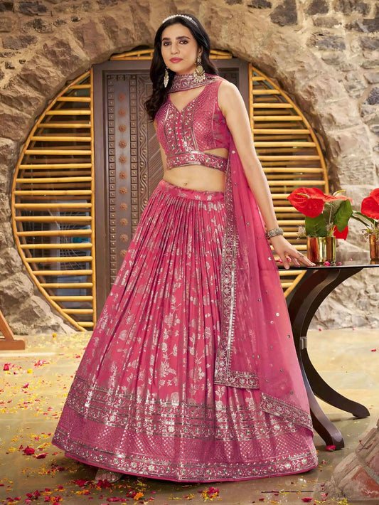 Eleganter rosa-grauer Braut-Lehenga mit Zarkan-Stickerei und Pailletten