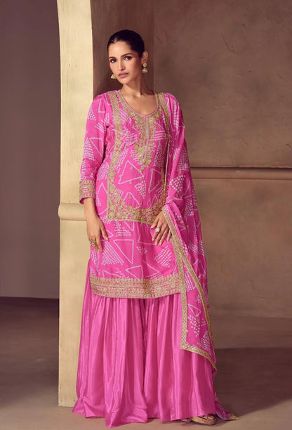 Berry-purple red Sharara set with cord embroidery, sequins and riveted beads