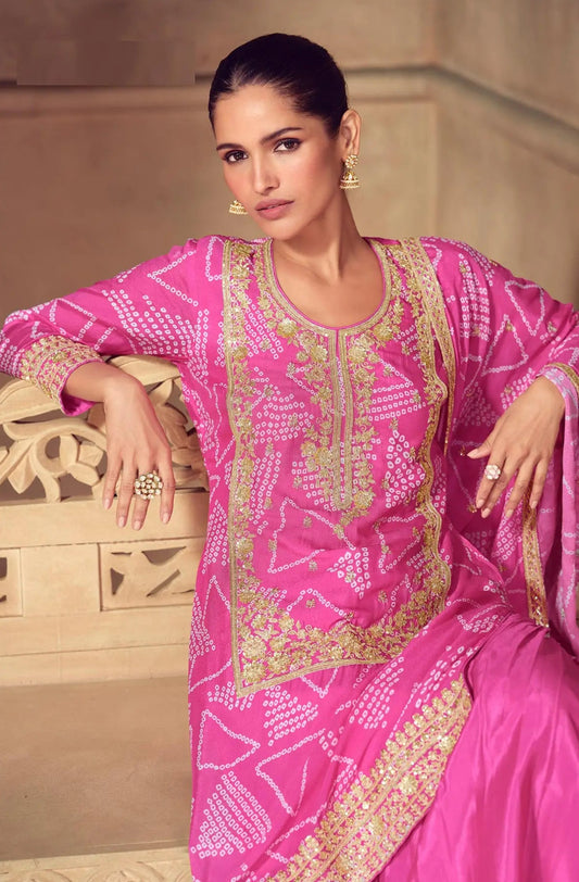 Berry-purple red Sharara set with cord embroidery, sequins and riveted beads