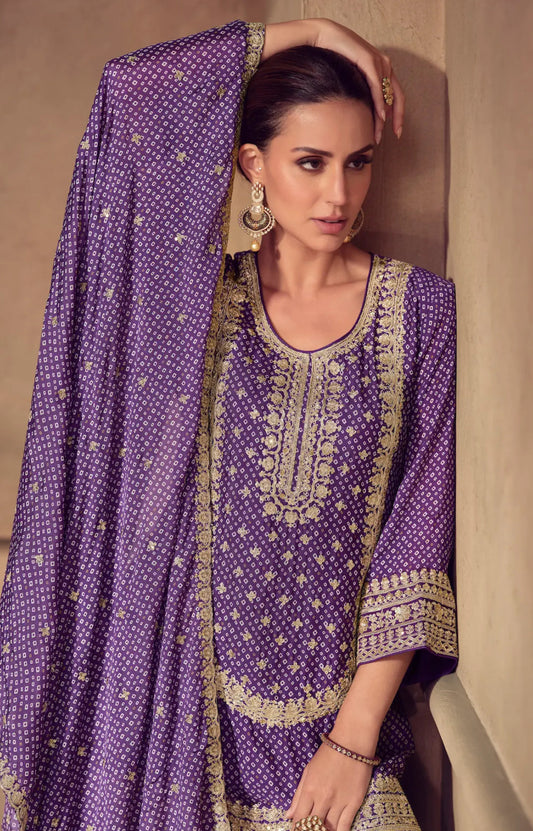 Berry-purple red Sharara set with cord embroidery, sequins and riveted beads