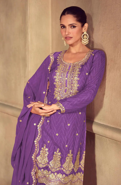 Ensemble Palazzo en soie Chinon violet avec imprimés et broderies
